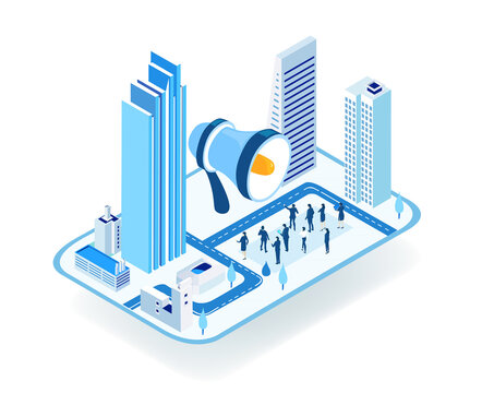 Business, banking, investments in the City. Isometric 3D business concept environment, Creative team working together, developing project. Business, finance, logistics concept.