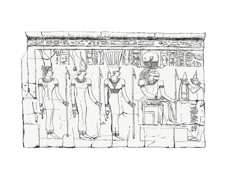 Relief of ancient Egyptian coffin. Sketch. Pray for Khnum
the Egyptian god  with the head of a ram.