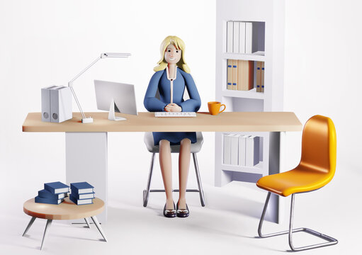 3D rendering illustration. Happy successful business woman working in his office by the desk. Office working environment. Busy business person work in office