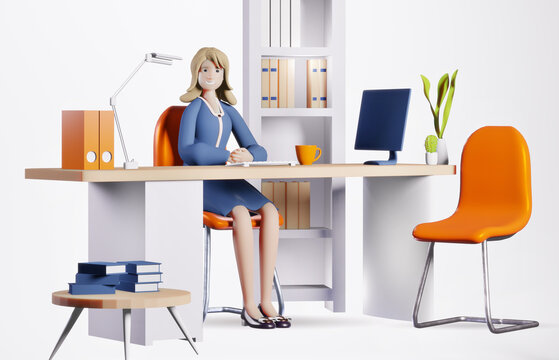 3D rendering illustration. Happy successful business woman working in his office by the desk. Office working environment. Busy business person work in office