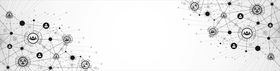 Obraz premium Vector halftone frame background. Communication grid design, Network connection, plexus. Texture of lines, dots. Icons, symbols of people in circles. Poster technology, business, social networks.