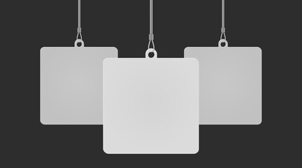Square dangler hanging from ceiling realistic mockup set. Mock up of advertising promotion pointer for supermarket sale announcement. Mall store label vector illustration