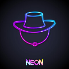 Glowing neon line Fisherman hat icon isolated on black background. Vector