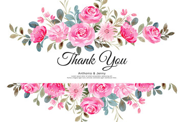 Fototapeta na wymiar Thank you card with pink watercolor floral border