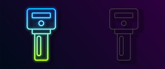 Glowing neon line Car key with remote icon isolated on black background. Car key and alarm system. Vector
