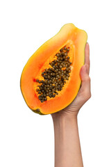 Papaya fruit isolated on a white background in woman hands. Half papaya.