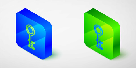 Isometric line Old key icon isolated on grey background. Blue and green square button. Vector