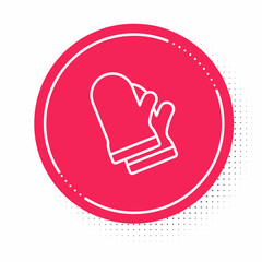 White line Protective gloves icon isolated on white background. Protective clothing and tool worker. Red circle button. Vector
