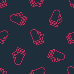 Red line Protective gloves icon isolated seamless pattern on black background. Protective clothing and tool worker. Vector
