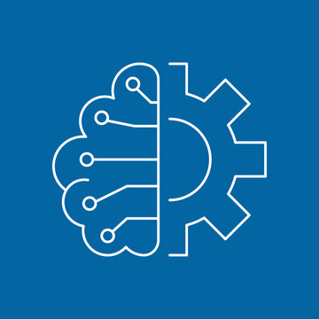 Artificial intelligence and machine learning line icon. Brain and gear. Simple thin outline pictogram. AI concept. Innovative robotic technology element. Cpu,cloud. Editable stroke vector illustration