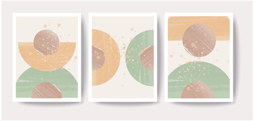 Modern set of 3 abstract half circle minimal artistic hand drawn in green and orange, composition ideal for wall decoration, postcard, brochure or poster design, vector illustration
