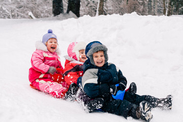Fototapeta na wymiar Little caucasian kids in bright clothing laughing looking at camera and toboganning on snow covered hill. Full lengh horizontal shot. Selective focus. Happy childhood and active wintertime concept.