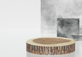 Fototapeta premium wood cylinder podiums on concrete background. Abstract minimal scene with geometrical. Modern pedestal show cosmetic products presentation. design empty space. studio platform template. 3d render