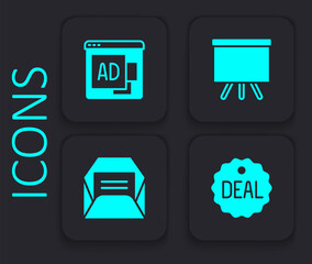 Set Deal, Advertising, Chalkboard and Envelope icon. Black square button. Vector