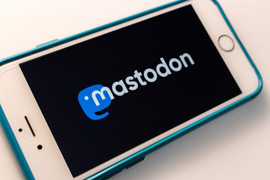 Kumamoto, JAPAN - Feb 8 2021 : The logo of Mastodon, free open-source software for running self-hosted social networking services (it has microblogging features similar to Twitter), on iPhone