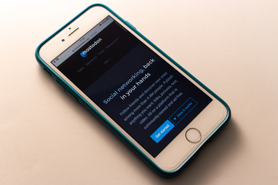 Kumamoto, JAPAN - Feb 8 2021 : Website of Mastodon, free open-source software for running self-hosted social networking services (it has microblogging features similar to Twitter), on iPhone