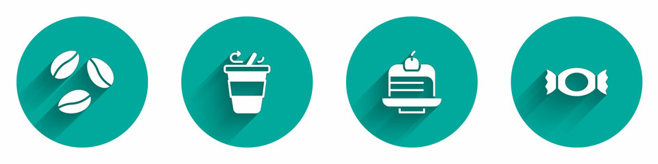 Set Coffee beans, cup to go, Piece cake and Candy icon with long shadow. Vector