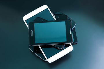 Black and white mobile smartphones on dark background. Mobile phones in stack on dark table, top...