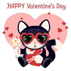 Happy Valentines Day. Cat. Heart. Love Greeting card. Flat design style. Vector illustration.