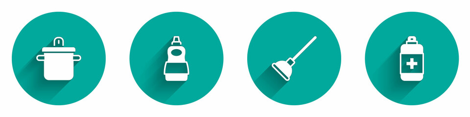 Set Cooking pot, Dishwashing liquid bottle, Rubber plunger and Antibacterial soap icon with long shadow. Vector