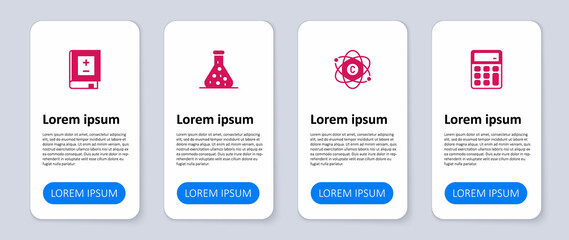 Set Calculator, Atom, Test tube and Book with mathematics. Business infographic template. Vector