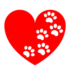 Red heart with paw print dog or cat pets concept animal care love icon symbol.