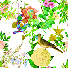 A beautiful and stunning repeated pattern of florals and birds free download perfect for fabrics, t-shirts, mugs, packaging etc