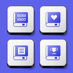 Set Books about programming, Romance book, and icon. White square button. Vector