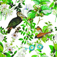 Obraz premium A beautiful and stunning repeated pattern of florals and birds free download perfect for fabrics, t-shirts, mugs, packaging etc