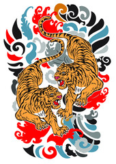 tiger tattoo, Beautiful color Japanese on water splash background