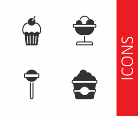 Set Popcorn in cardboard box, Muffin, Lollipop and Ice cream the bowl icon. Vector