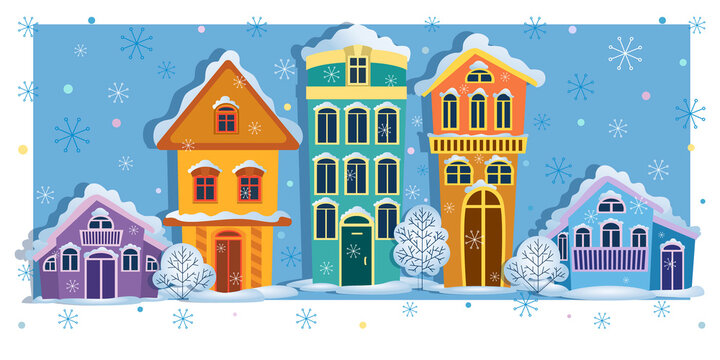 Winter street. Snowfall. Vector poster with cartoon houses. Design for a cover, illustration book