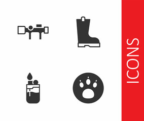 Set Paw search, Sniper optical sight, Lighter and Waterproof rubber boot icon. Vector