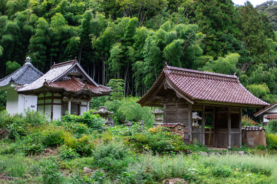 Iwami Ginzan Silver Mine, Omori, Shimane, JAPAN - Sep 23 2020 : Toyosaka Shrine, originally built as temple in 1562 by Motonari Mori, in sunny day. It was rebuilt as shrine after Haibutsu Kishaku
