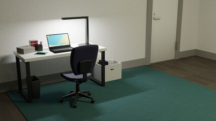 夜の自宅のデスクワークのイメージ　3DCG　部屋　パソコン　ラップトップ