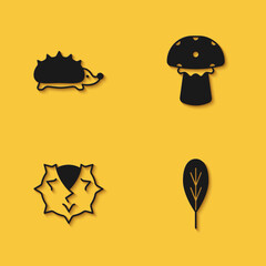 Set Hedgehog, Leaf, Chestnut and Mushroom icon with long shadow. Vector