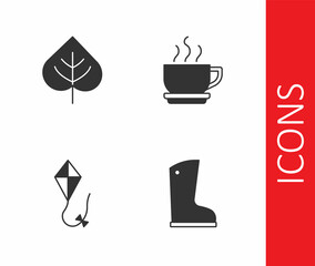 Set Waterproof rubber boot, Leaf, Kite and Coffee cup icon. Vector