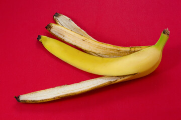 Banana peel skin lies on a red background. Organic fruit residues after cleaning.
