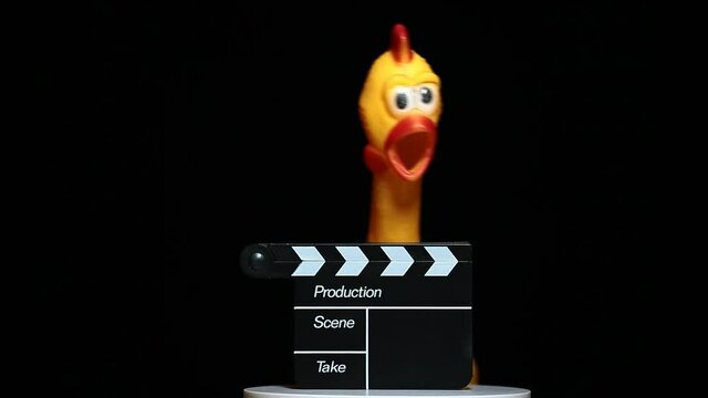 footage of clapper board rubber chicken dark background 