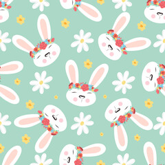 Vector easter seamless pattern. Rabbit and flowers in mint background 