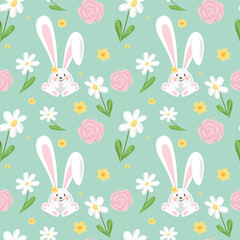 Vector easter seamless pattern. Cartoon bunny and flowers in green background 