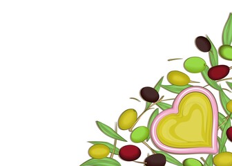 Gravy boat with olive oil, various olives, leaves and twigs. Multi-colored image. Close-up. There is free space for text. Vector illustration.