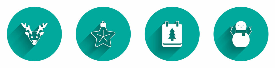 Set Reindeer, Christmas star, day calendar and snowman icon with long shadow. Vector
