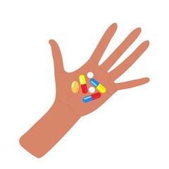Medications. Human hand holding Pharmaceutical product set. Capsules, tablets, pills set. Pharmaceutical dosage forms. Vector graphic. Medicament or vitamins. Medical and healthcare concept
