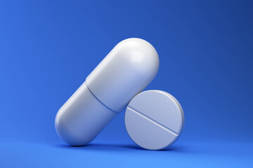 Two white pills on a blue background. Medicine and health concept. 3d rendering.