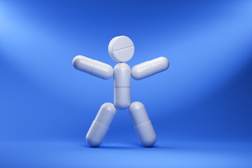 Stick figure from white pills on a blue background. Medicine and health concept. 3d rendering.