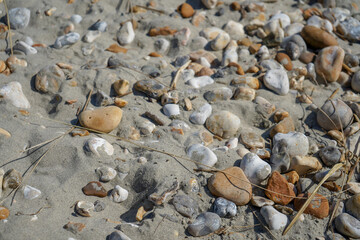 Close up of pebbles in a sandy beach