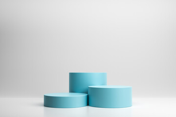 Three blue podiums on a white background. The concept of a cylindrical stand. 3D rendering.