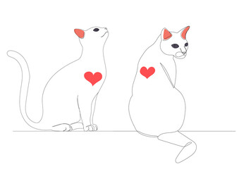 cats sitting one continuous line drawing, isolated, vector