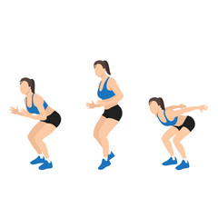 Woman doing Forward jump shuffle back exercise. Flat vector illustration isolated on white background